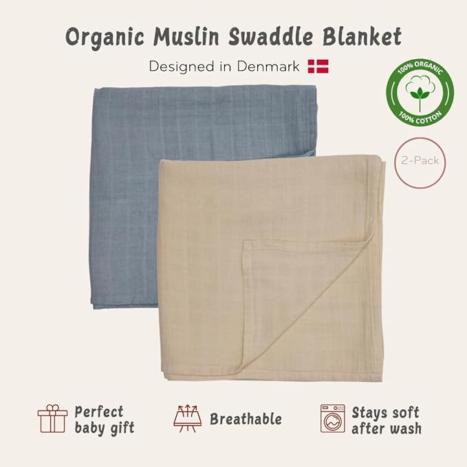Huxie Swaddle - 100% Organic Cotton - Muslin Swaddle Blankets for Newborn, 47" x 47" 2-Pack (Fog/Tradewinds)