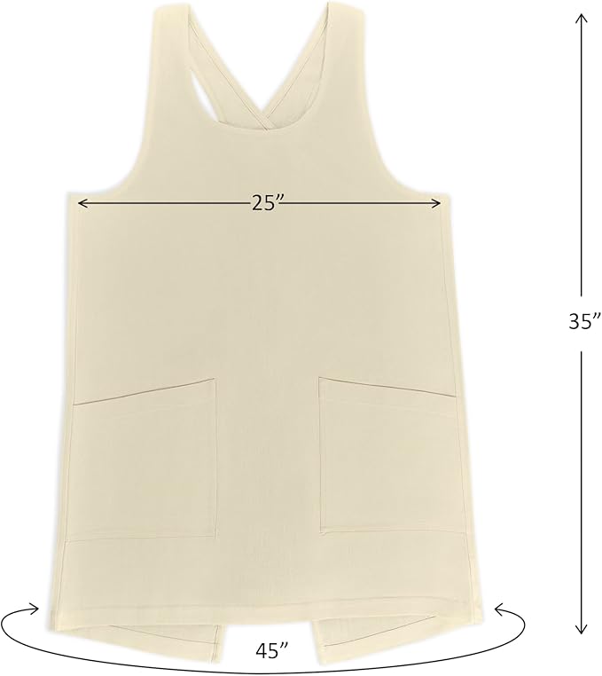 Solino Home Cross Back Linen Apron with Pockets for Gardening, Kitchen - Creamy Ivory Pinafore Smock Apron 100% Pure Linen for Men & Women - Handcrafted from European Flax