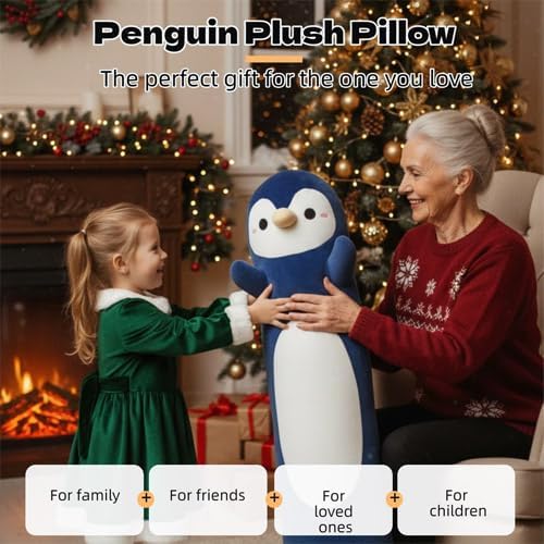 Somao Penguin Plush Pillow - 43.3 Inch Long Stuffed Animal, Ultra Soft Cuddle Pillow for Kids & Adults, Huggable Penguin Toy Gift for Birthday, Christmas, Valentine's Day (Dark Blue)