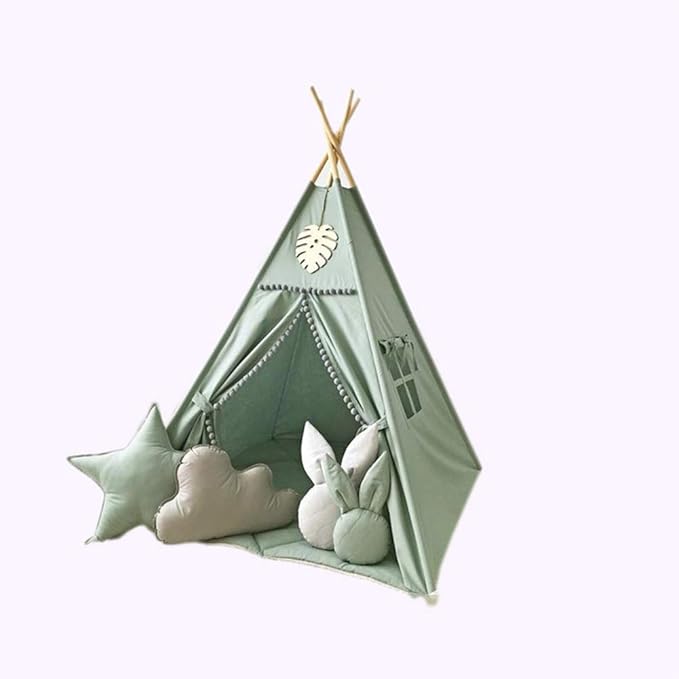 RONGFA Kids Teepee Tent with White Pom Pom - Indoor Play Teepee for Children Boys Portable Play House (Green)