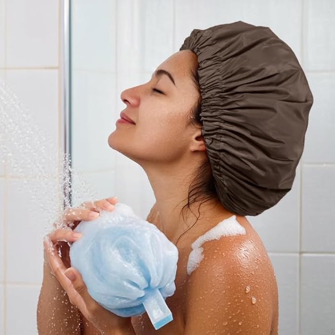 Reusable Shower Cap for Women, Large Waterproof Shower Essentials Bonnet Washable Elastic Band Bath Hair Wrap Hat for Long Hair, Braids(Dark Coffee)