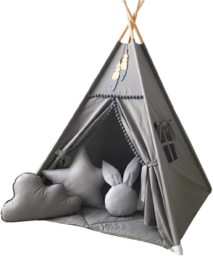 RONGFA Kids Teepee Tent with White Pom Pom - Indoor Play Teepee for Children Boys Portable Play House (Grey)