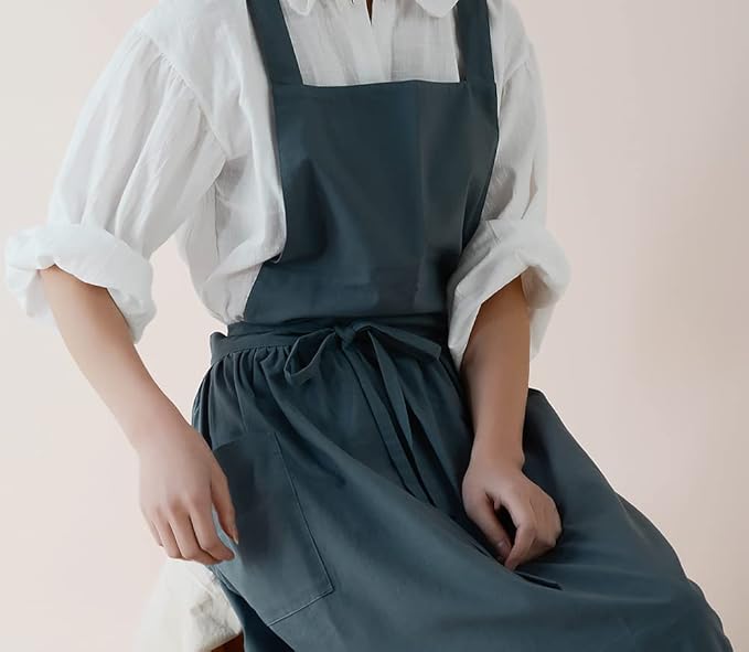 Japanese apron Women-Cross Back Apron for Women with Pockets, Pinafore Aprons, Womens Cotton Linen Apron