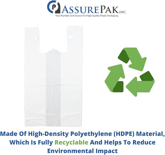 Easy Open - White Unprinted HDPE T-Shirt Bags 13"x10"x23" with handles – 500 Bags – 14 Microns - 1/5 BBL – Perfect for Supermarkets, Grocery Shopping and Store Purchases