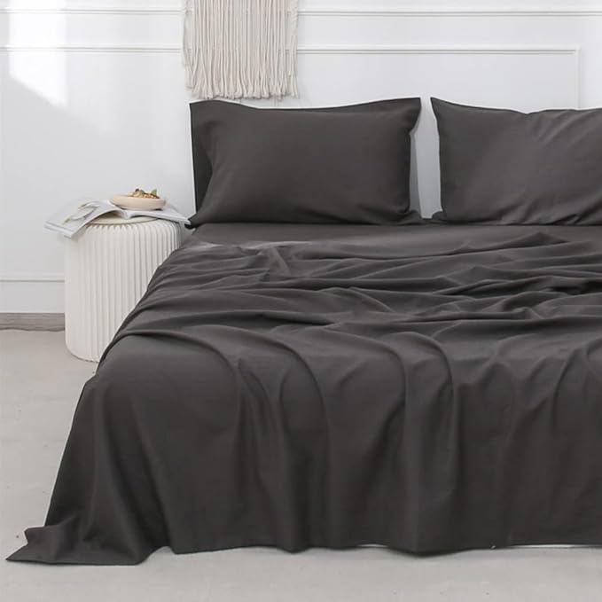 Simple&Opulence Belgian Linen Sheet Set Solid Color - 4 Pieces (1 Flat Sheet, 1 Fitted Sheet & 2 Pillowcases) Natural Flax Cotton Blend Soft Breathable Farmhouse Bedding - King Size, Dark Grey