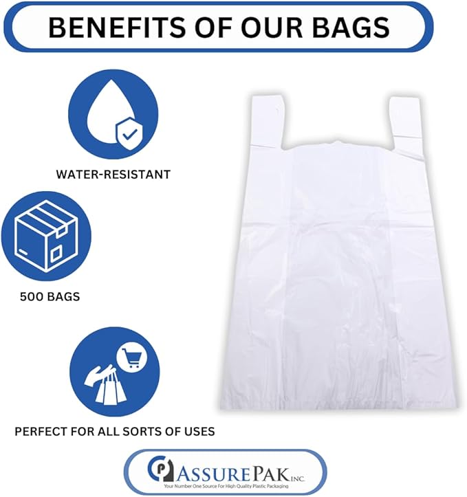 ASSUREPAK White Unprinted HDPE T-Shirt Bags 16"x8"x30" – 500 Units – 16 Microns –Perfect for supermarkets, convenience stores, restaurants, and retail shops