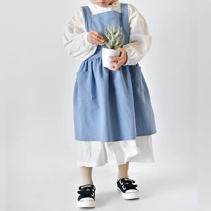 OBEEII Kids Aprons for Cooking Cotton Linen Children Baking Kitchen Gardening Painting Apron Pinafore Dress with Pockets