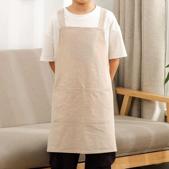 Kids Cotton Cross Back Aprons Children Chef Pure Child Apron with 2 Pockets for Baking Painting Cooking