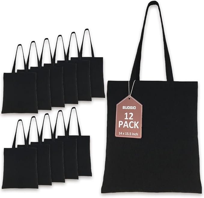 BUOGIO 12 Pack Black 10oz Plain Canvas Tote Bags Bulk Blank Reusable Shopping Bag 14" x 15.5" for Custom Printing, Promotional, Gifts