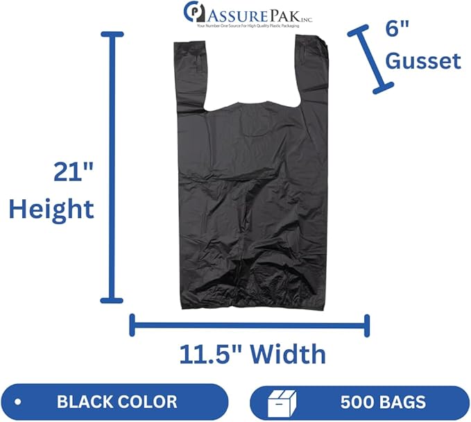 ASSUREPAK Easy Open - Black Unprinted HDPE T-Shirt Bags 11.5"x6"x21" with handles – 500 Units – 17 Microns – Perfect for Grocery Shopping and Store Purchases 20018-EO
