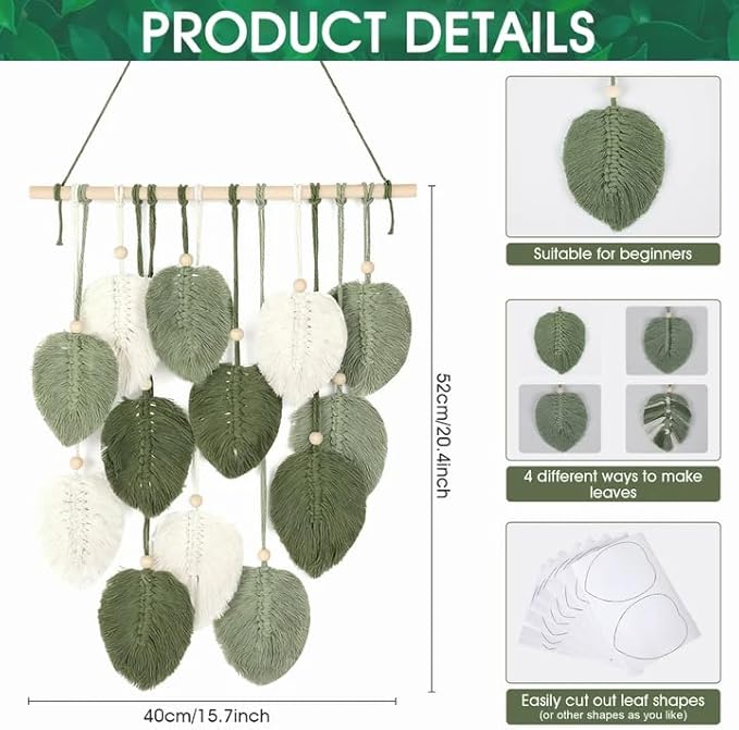 DIY Macrame Leaf Wall Hanging Beginners Macrame Kit, Includes Detailed Step-by-Step Instructions, Boho Macrame Leaf Tapestry Kit Wall Hanging, Handmade Enthusiast Gift for Home Living Room Bedroom