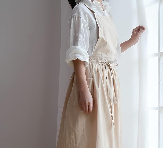 Japanese apron Women-Cross Back Apron for Women with Pockets, Pinafore Aprons, Womens Cotton Linen Apron