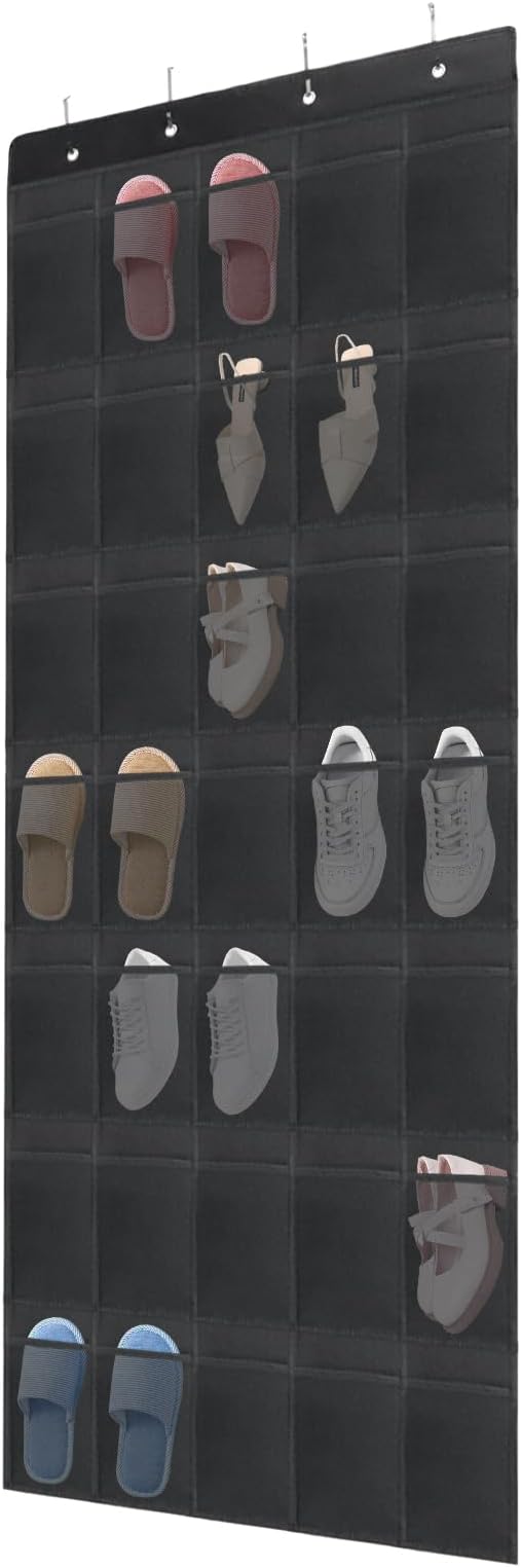 Auvotuis Over the Door Shoe Organizer, 35 Mesh Pockets Hanging Shoe Organizer with 4 Metal Hooks (Black)
