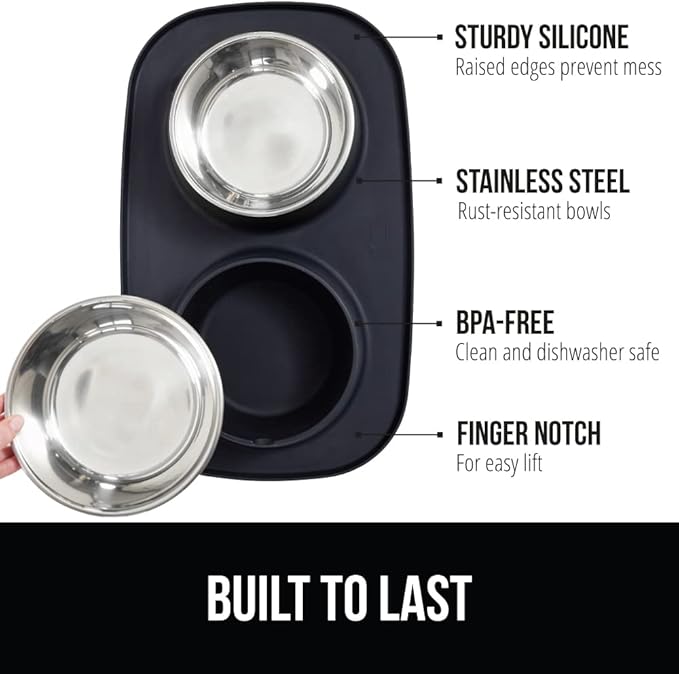 GORILLA GRIP Feeding Mat Set, 4 Cup, Patent Pending 100% Waterproof BPA Free Silicone, Stainless Steel Cat and Dog Bowls, Slip Resistant, High Edges Catch Water Food, US Designed Pet Accessories Black