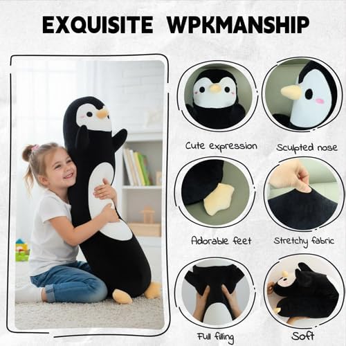 Somao Penguin Plush Pillow - 35.4 Inch Long Stuffed Animal, Ultra Soft Cuddle Pillow for Kids & Adults, Huggable Penguin Toy Gift for Birthday, Christmas, Valentine's Day (Black)