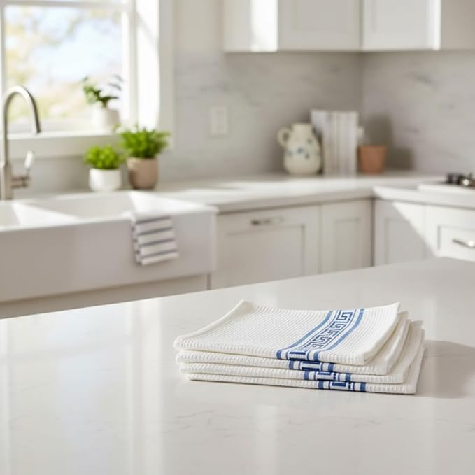 Attica Tracery Pure Cotton Kitchen Tea Towels – White Waffle Towels | Super Absorbent Kitchen Napkins | Reusable Cloths for Dishes, Counters & More - (60x38 cm, Set of 5) (White with Blue Border)