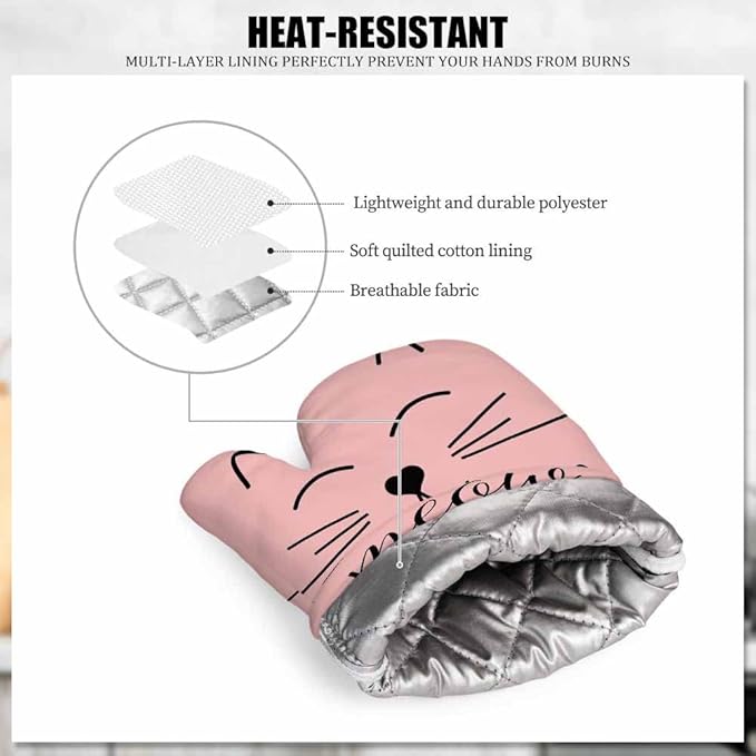 Mxocom Cat Welcome Silicone Oven Mitts and Pot Holders Sets Cute Cat Smile Face Graphic BBQ Gloves for Kitchen,Cooking,Baking,Grilling