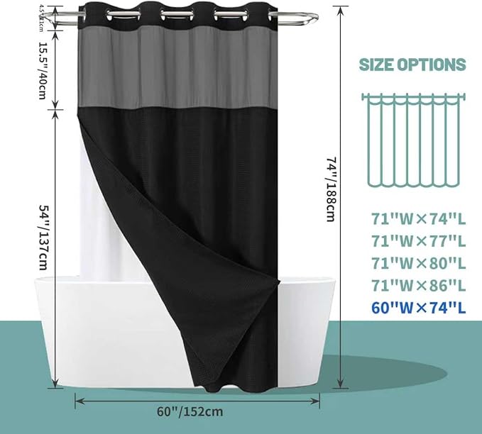 eachope Black No Hook Waffle Weave Shower Curtain with snap-in Liner Replacement, 230GSM Waterproof Fabric Hotel Shower Curtain Set for Bathroom, Through Mesh Top Window,60Wx74H