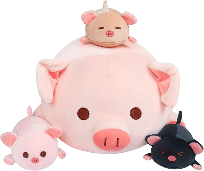 Achwishap Pig Stuffed Animal Mommy 19.6” with 3 Pig Babies Plush,4 PCS Cute Pig Plushie Pillow,Kawaii Plush Toys Soft Hugging Pillow for Kids Girls Boys Birthday Gifts for Valentines(Pink Pig Family)