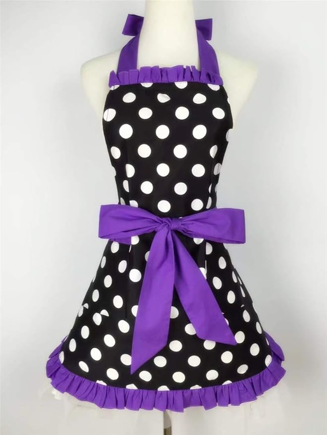 Hyzrz Cute Apron Retro Black Polka Dot Retro Ruffle Side Vintage Cooking Aprons with Pockets for Women Girls (Side Purple)