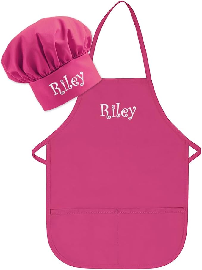 Made in the USA Personalized Embroidered Premium Child Apron and Chef Hat for Kids Girls Boys Fun in the Kitchen Gift (Add a Name Set, Long with hat)