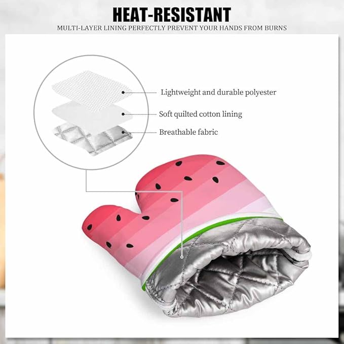 Mxocom Watermelons Oven Mitts and Pot Holders Sets Summer Fruit Watermelon Slice with Black Seeds Red Green Stripes Silicone Heat Resistant Kitchen Oven Gloves Pot Holder for Cooking