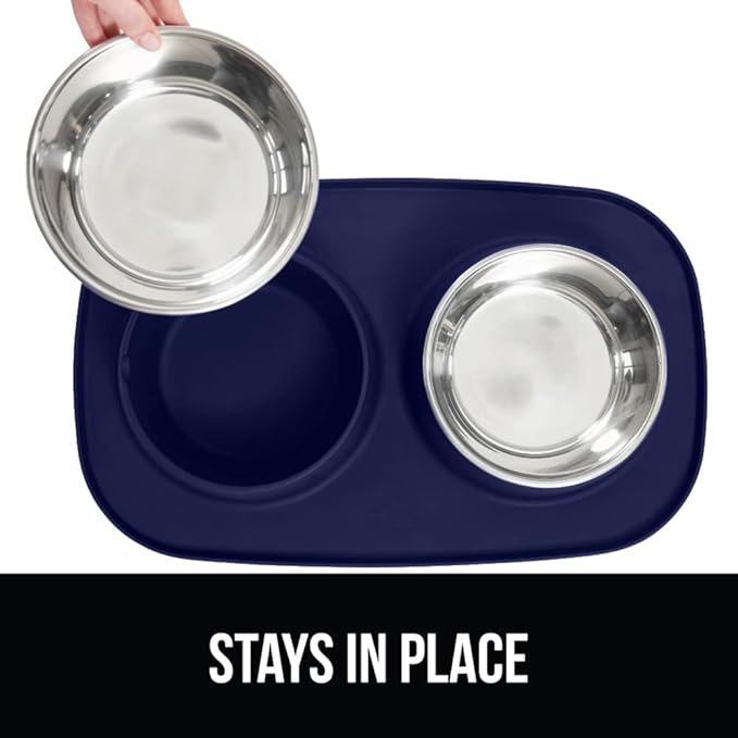 GORILLA GRIP Feeding Mat Set, 3 Cup, Patent Pending 100% Waterproof BPA Free Silicone, Stainless Steel Cat and Dog Bowls, Slip Resistant, Edges Catch Water Food, US Designed Pet Accessories, Navy Blue