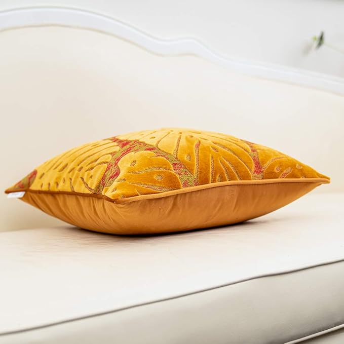 Alerfa 18 x 18 Inch Square Leaf Pillow Embroidery Cut Velvet Cushion Case Luxury Modern Lumbar Throw Pillow Cover Decorative Pillow for Couch Sofa Living Room Bedroom Car, Orange