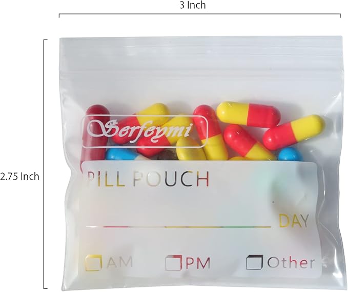 Serfeymi Pill Bags for Travel Pill Pouch Organizer Pack of 240 BPA Free 3 x 2.75 inch Reusable Pill Pouches for Medicine with Write on Label & Zipper Seal Waterproof AM PM Pill Baggies for Supplements