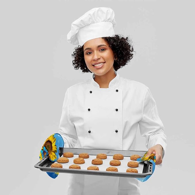 Mxocom Yellow Sunflowers Silicone Oven Mitts and Pot Holders Sets Blooming Sunflowers in Blue Sky Beautiful Blue Butterflies Flying BBQ Gloves for Kitchen,Cooking,Baking,Grilling