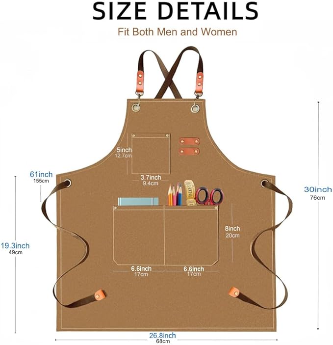 Canvas Work Apron for Men Women with 3 Pockets Heavy Duty Crossback Kitchen Chef Aprons for Cooking Grilling Barista