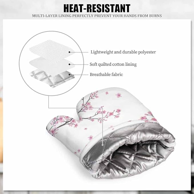 Mxocom Cherry Blossom Heat-Resistant Oven Mitts and Pot Holder Watercolor Branch of Flowers Kitchen Non-Slip Cooking Microwave Gloves for Cooking Baking Grilling