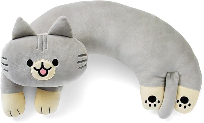 Furvana U-Shaped Cat Plush Pillow, Cute Plushies, 20" - Ultrasoft Cat Stuffed Animal, Birtday Gift (Grey)