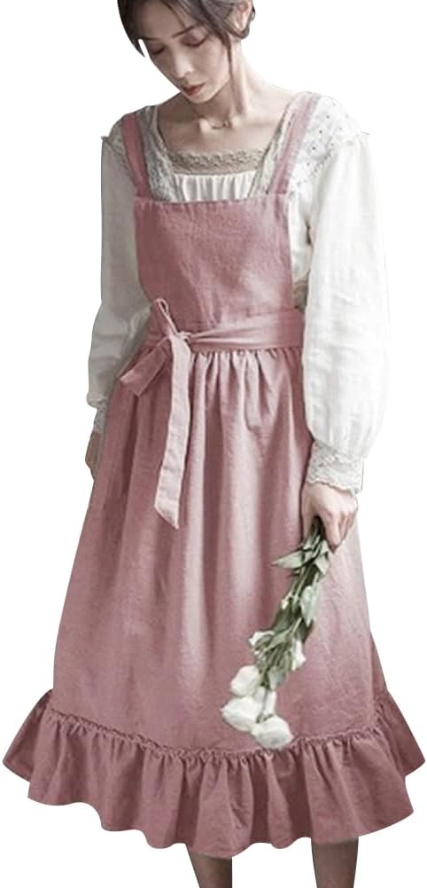 ODIZLI Frill Apron for Women Cotton Cross Back Vintage Ruffle Apron for Garden Cooking Aprons