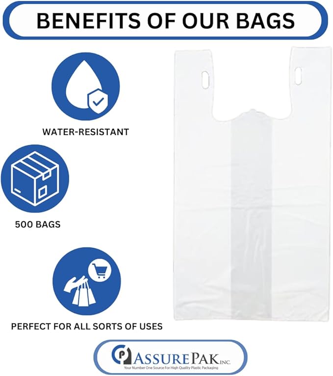 Easy Open - White Unprinted HDPE T-Shirt Bags 13"x10"x23" with handles – 500 Bags – 14 Microns - 1/5 BBL – Perfect for Supermarkets, Grocery Shopping and Store Purchases