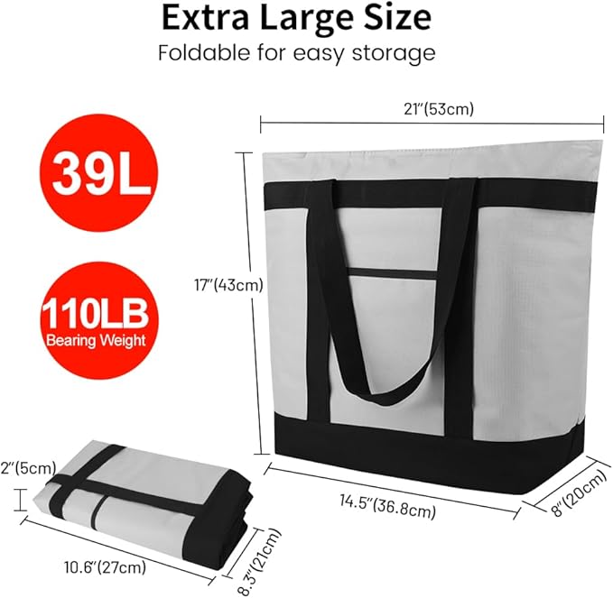 mosago Reusable Grocery Tote Bags, Insulated Cooler Shopping Bag for Women/Men, Pizza/Food Delivery Bags to Keep Food Hot/Cold for Uber Eats/Doordash/Grubub, Cooler Bag for Travel/Beach/Picnic, Grey