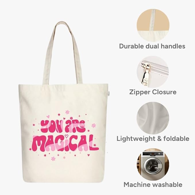 Ecoright Tote Bag for Women with Zipper, Small Tote Bag, Canvas Bag, Reusable Cotton Bag for Beach, Grocery, School & Work