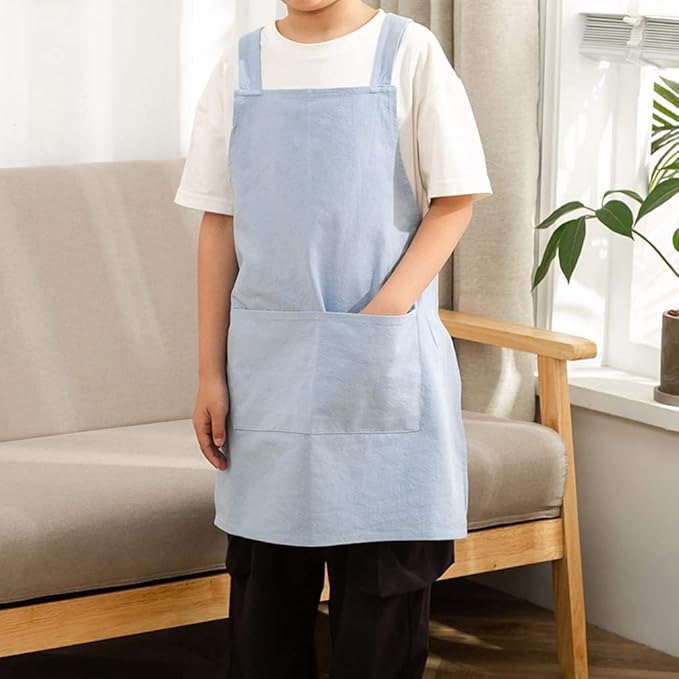 Kids Cotton Cross Back Aprons Children Chef Pure Child Apron with 2 Pockets for Baking Painting Cooking