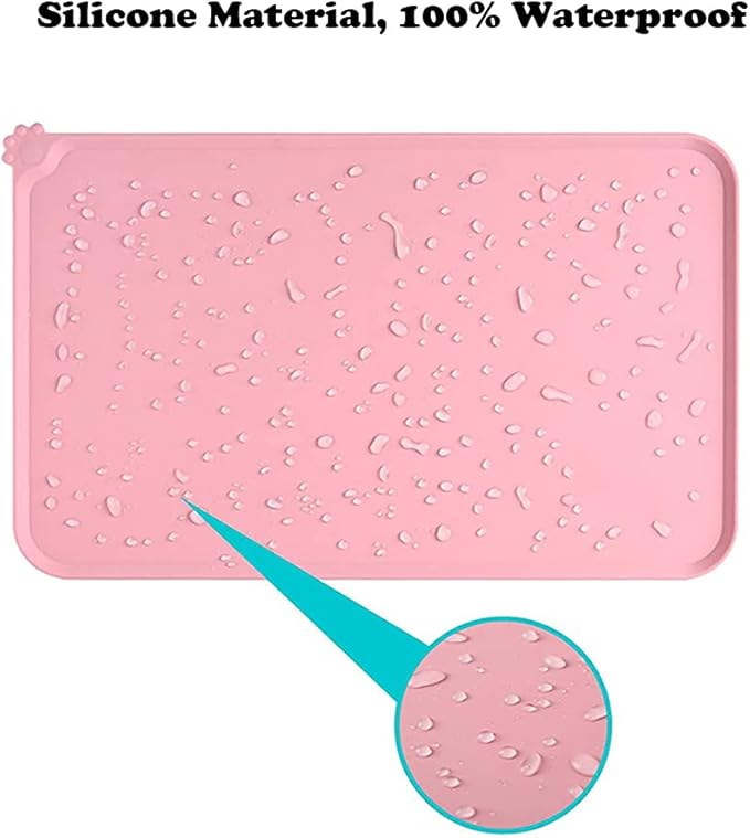 Silicone Pet Feeding Mat, Waterproof Dog Cat Bowl Mat, Raised Edges to Prevent Spills, Easy Clean Nonslip Dogs and Cats Placemat Tray to Stop Food and Water Bowl Messes on Floor (Pink)