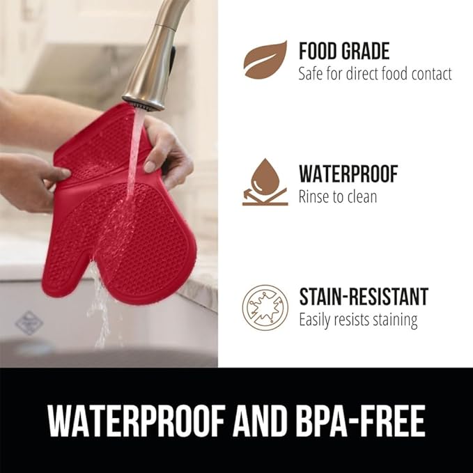 GORILLA GRIP BPA-Free Soft Silicone Oven Mitts, 14.5x8.3, Heat Resistant and Waterproof Cooking Gloves, Thick Cotton Lining, Flexible Gripping Kitchen Potholders Set of 2, Christmas Kitchen Decor, Red