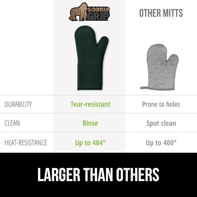 GORILLA GRIP BPA-Free Soft Silicone Oven Mitts, 14.5x8.3, Heat Resistant and Waterproof Cooking Gloves, Thick Cotton Lining, Flexible Gripping for Baking Grilling, Kitchen Potholders Set, Hunter Green