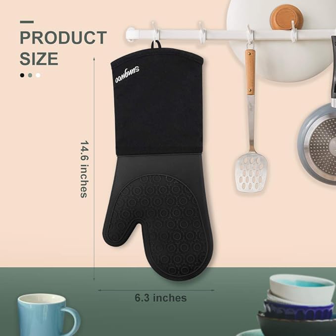 sungwoo Extra Long Silicone Oven Mitts, Heat Resistant Oven Gloves with Quilted Liner Non-Slip Textured Grip Perfect for BBQ, Baking, Cooking and Grilling - 1 Pair 14.6 Inch Black