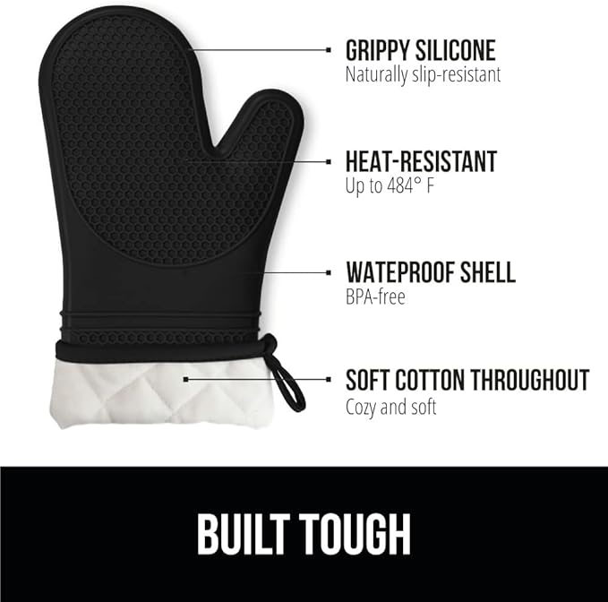 GORILLA GRIP BPA-Free Soft Silicone Oven Mitts, Heat Resistant and Waterproof Cooking Safety Gloves, Thick Cotton Lining, Flexible Gripping, Kitchen Potholders Set, for Grilling, BBQ, 12.5x8.3, Black