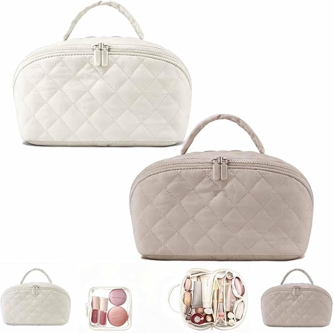Petition Travel Makeup Bag For Women - Quilted Makeup Bag,180° Open Lay-Flat Cosmetic Case,5 Colors Large Capacity Waterproof Make Up Bag Set,With Compartments (White+Khaki)