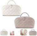 Petition Travel Makeup Bag For Women - Quilted Makeup Bag,180° Open Lay-Flat Cosmetic Case,5 Colors Large Capacity Waterproof Make Up Bag Set,With Compartments (White+Khaki)