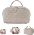 Makeup Bag for Women, Wide Open Lay-Flat Water-Resistant Cosmetic Case, Festivalment Makeup Bag, Spacious 180° Open Cosmetic Organizer for Toiletries & Brushes Large Capacity with Compartments (Khaki)