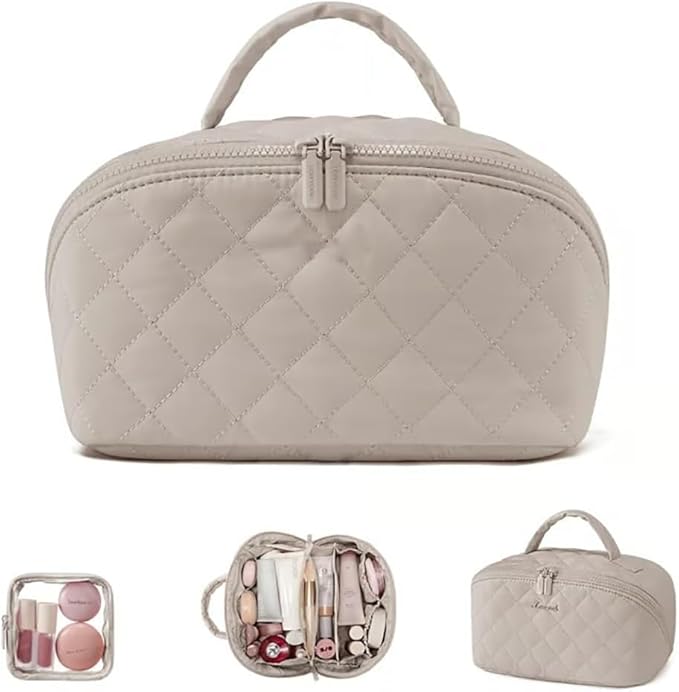 Makeup Bag for Women, Wide Open Lay-Flat Water-Resistant Cosmetic Case, Festivalment Makeup Bag, Spacious 180° Open Cosmetic Organizer for Toiletries & Brushes Large Capacity with Compartments (Beige)