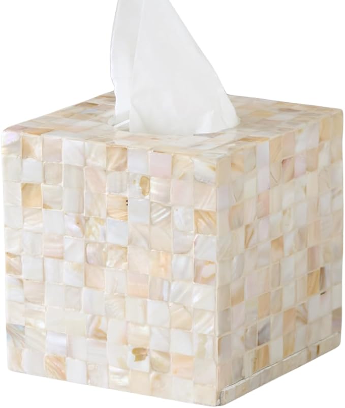 5.9” Mother of Pearl Tissue Box Cover for Kleenex and More – Handcrafted Square Tissue Holder with Sliding Bottom – Decorative Napkin Dispenser for Bathroom, Bedroom, Kitchen, Office