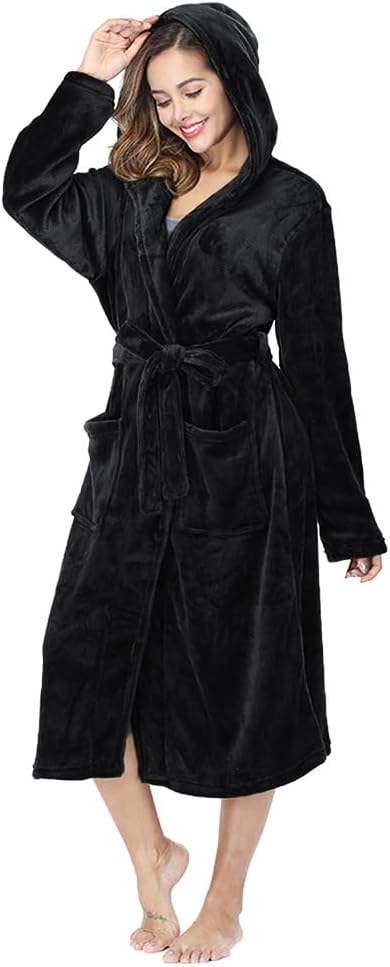 RONGTAI Womens Robes Plush Fleece Hooded Bathrobe Thick Nightgown with Pockets Fluffy Sleepwear