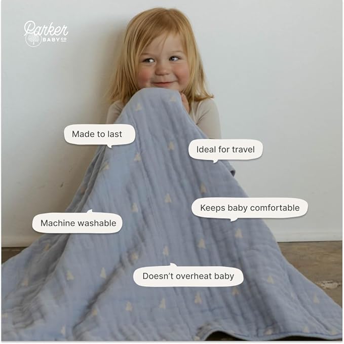 Parker Baby Muslin Blanket | 100% Soft Cotton Toddler Quilt & Baby Muslin Swaddle | Gender Neutral Design 47" x 47" Blanket